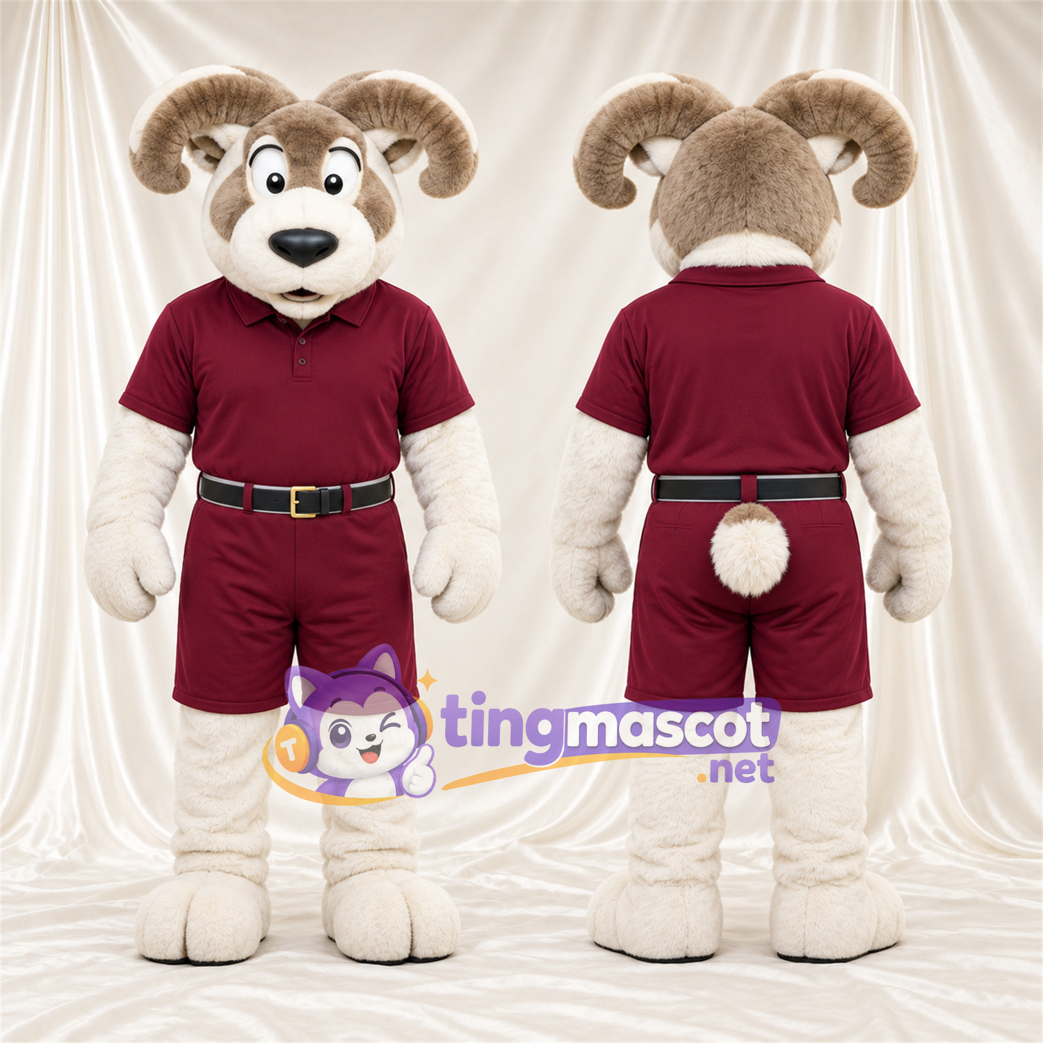 Costume de mascotte Bélier – blanc – Tenue de sport (bordeaux foncé) Costume de mascotte Bélier – blanc – Tenue de sport (bordeaux foncé)