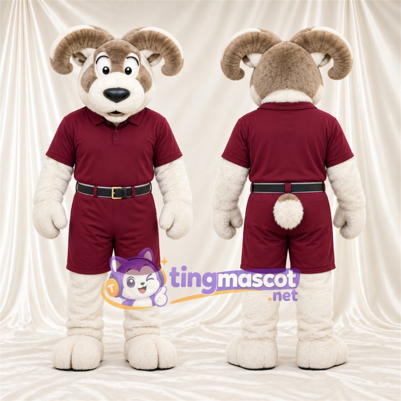 Costume de mascotte Bélier – blanc – Tenue de sport (bordeaux foncé)