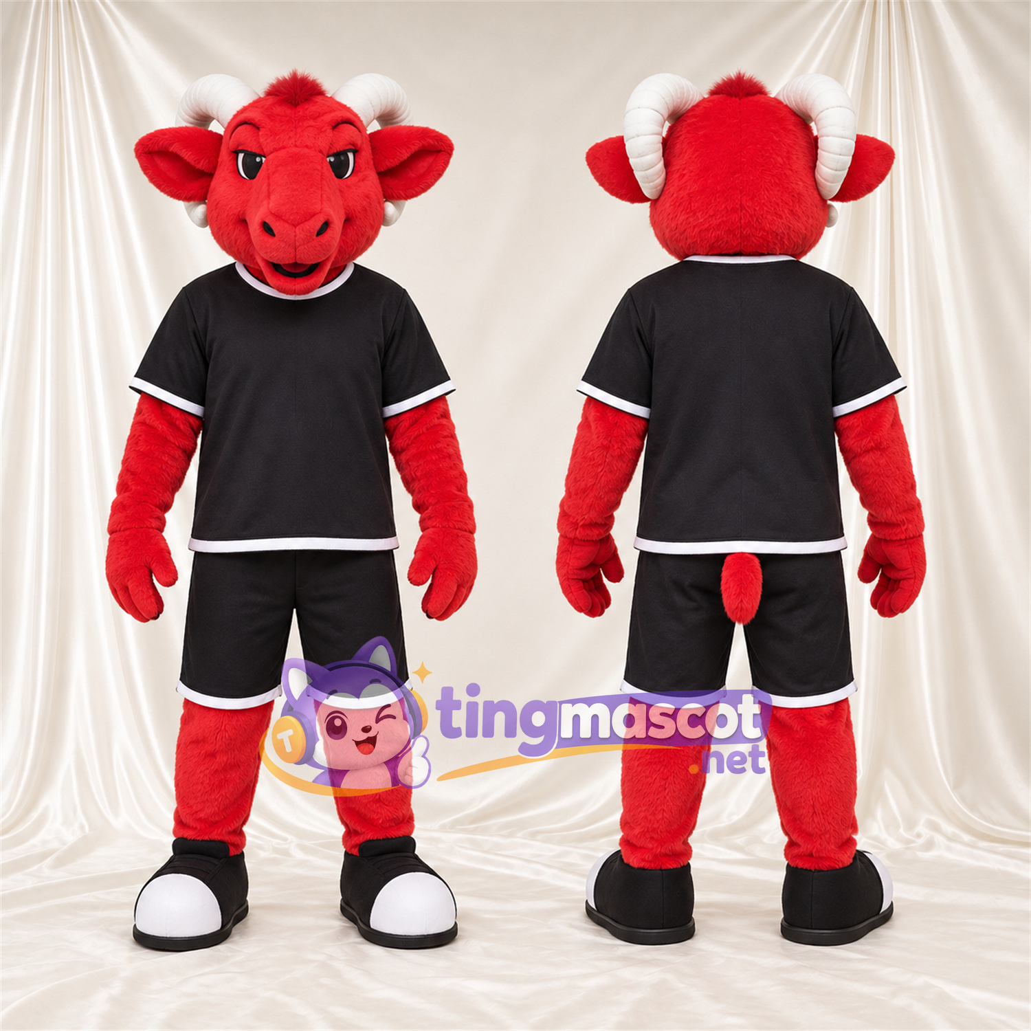 Costume de mascotte Bélier – rouge – Tenue de sport (noir) Costume de mascotte Bélier – rouge – Tenue de sport (noir)