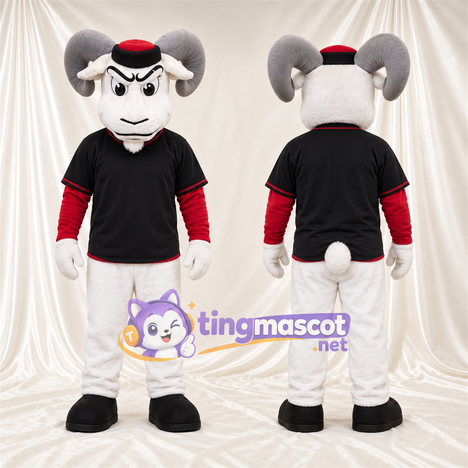 Costume de mascotte Bélier – blanc – Chemise (noir); Pantalon (blanc) Costume de mascotte Bélier – blanc – Chemise (noir); Pantalon (blanc)