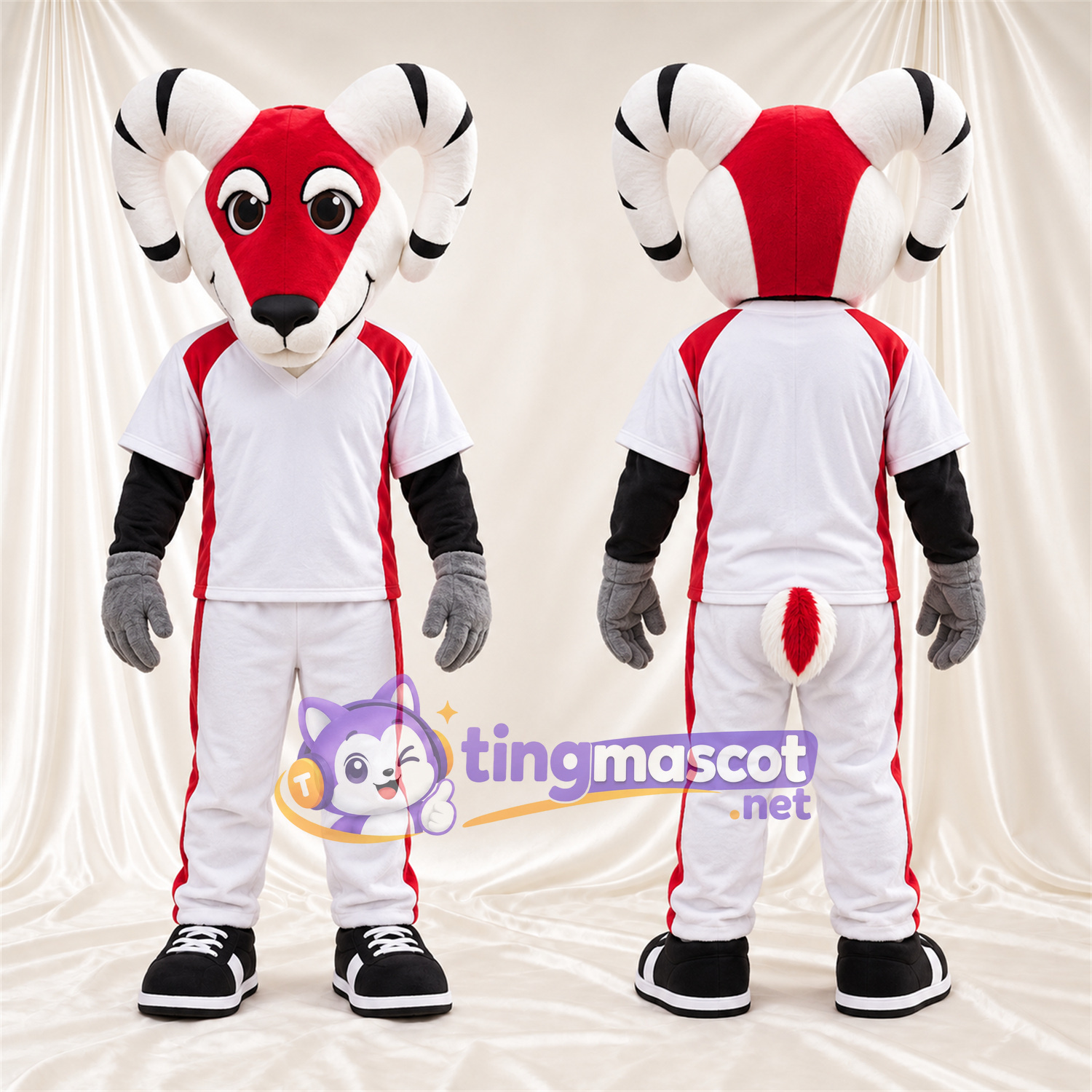 Costume de mascotte Bélier – rouge / blanc – Tenue de sport (blanc / rouge) Costume de mascotte Bélier – rouge / blanc – Tenue de sport (blanc / rouge)