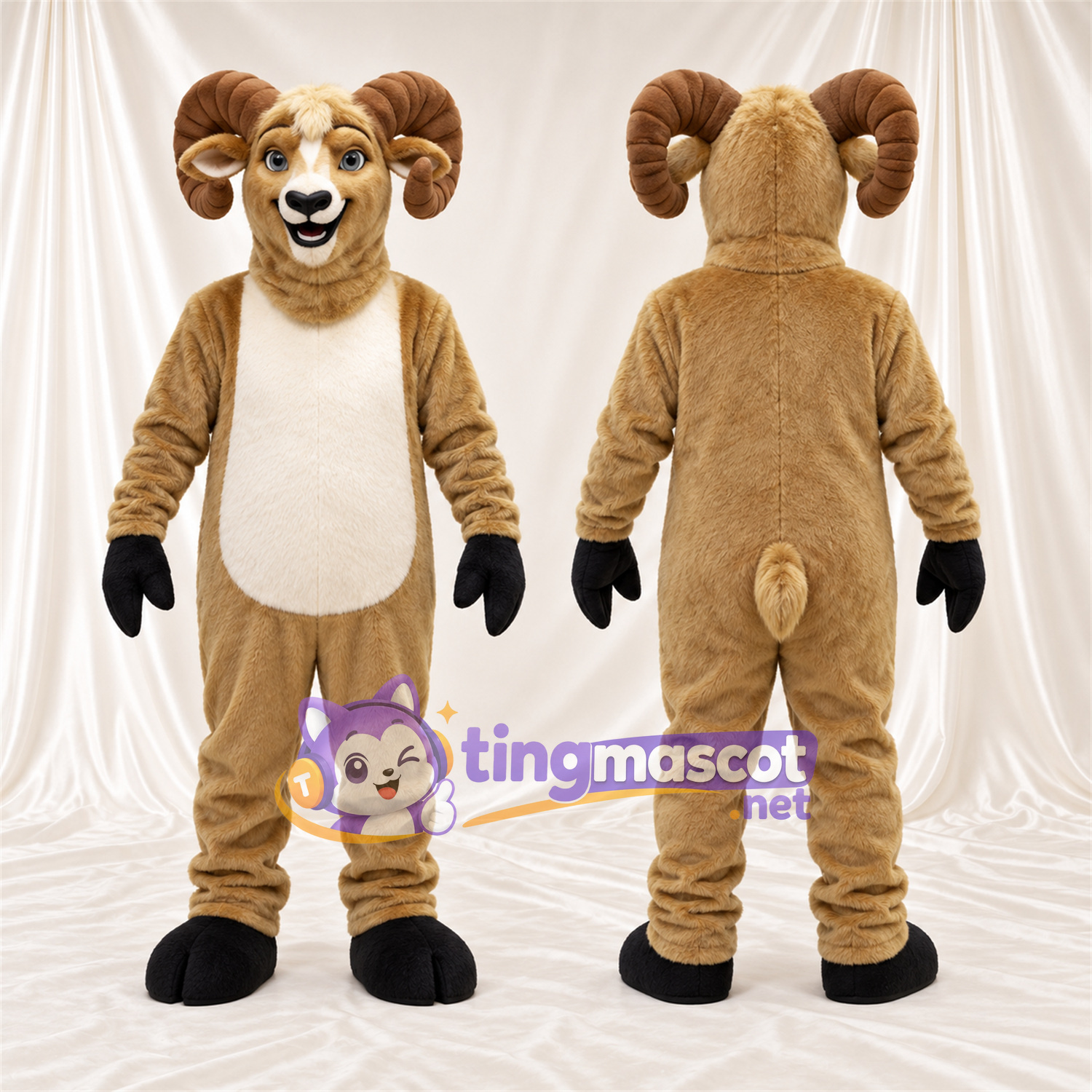 Costume de mascotte Bélier – brun clair – Gants (noir) Costume de mascotte Bélier – brun clair – Gants (noir)