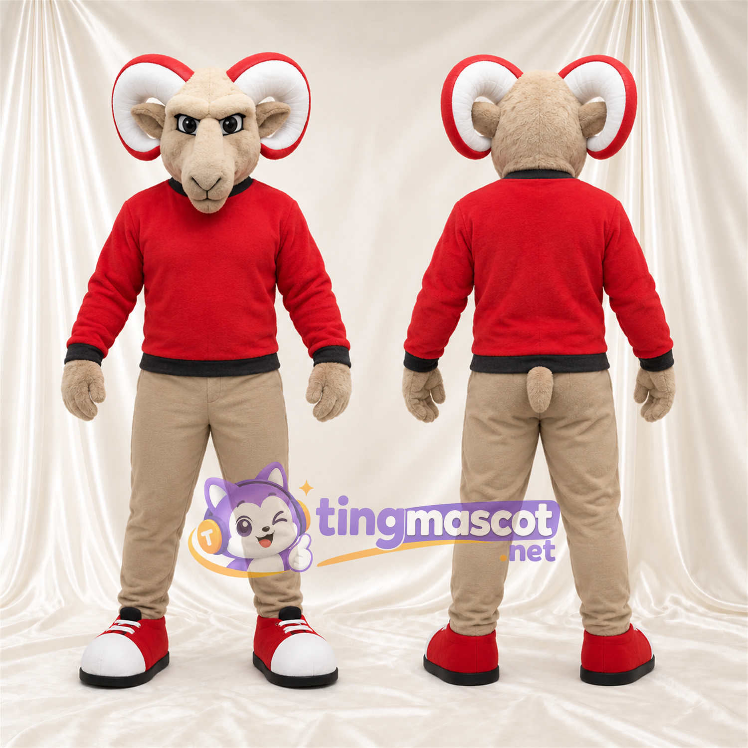Costume de mascotte Bélier – brun clair – Pull (rouge); Pantalon (beige) Costume de mascotte Bélier – brun clair – Pull (rouge); Pantalon (beige)
