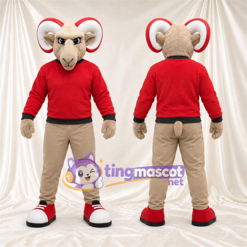 Costume de mascotte Bélier – brun clair – Pull (rouge); Pantalon (beige)