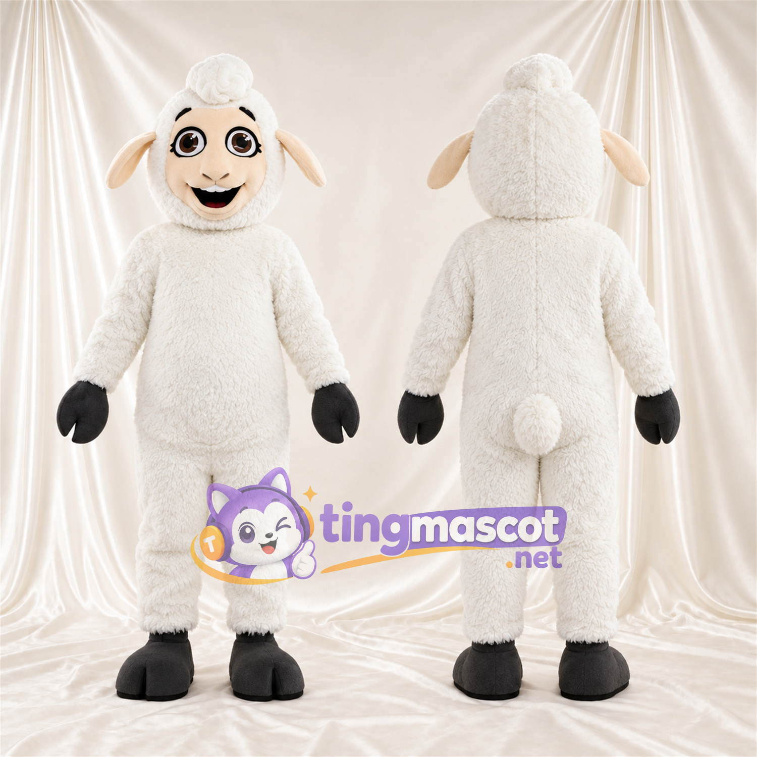 Costume de mascotte Mouton – blanc – Gants (noir); Visage (crème) Costume de mascotte Mouton – blanc – Gants (noir); Visage (crème)