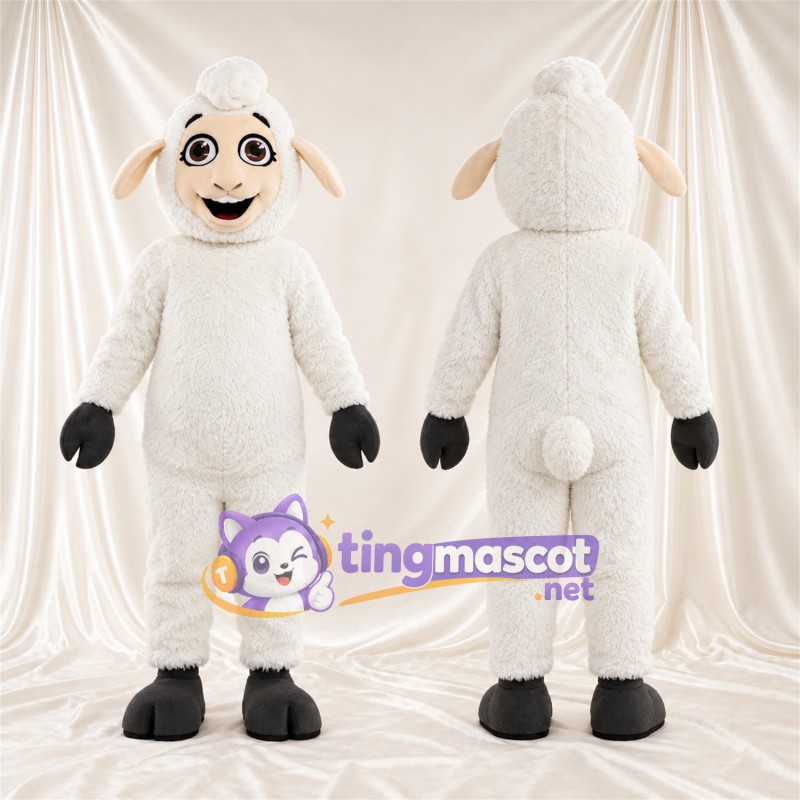 Costume de mascotte Mouton – blanc – Gants (noir); Visage (crème)