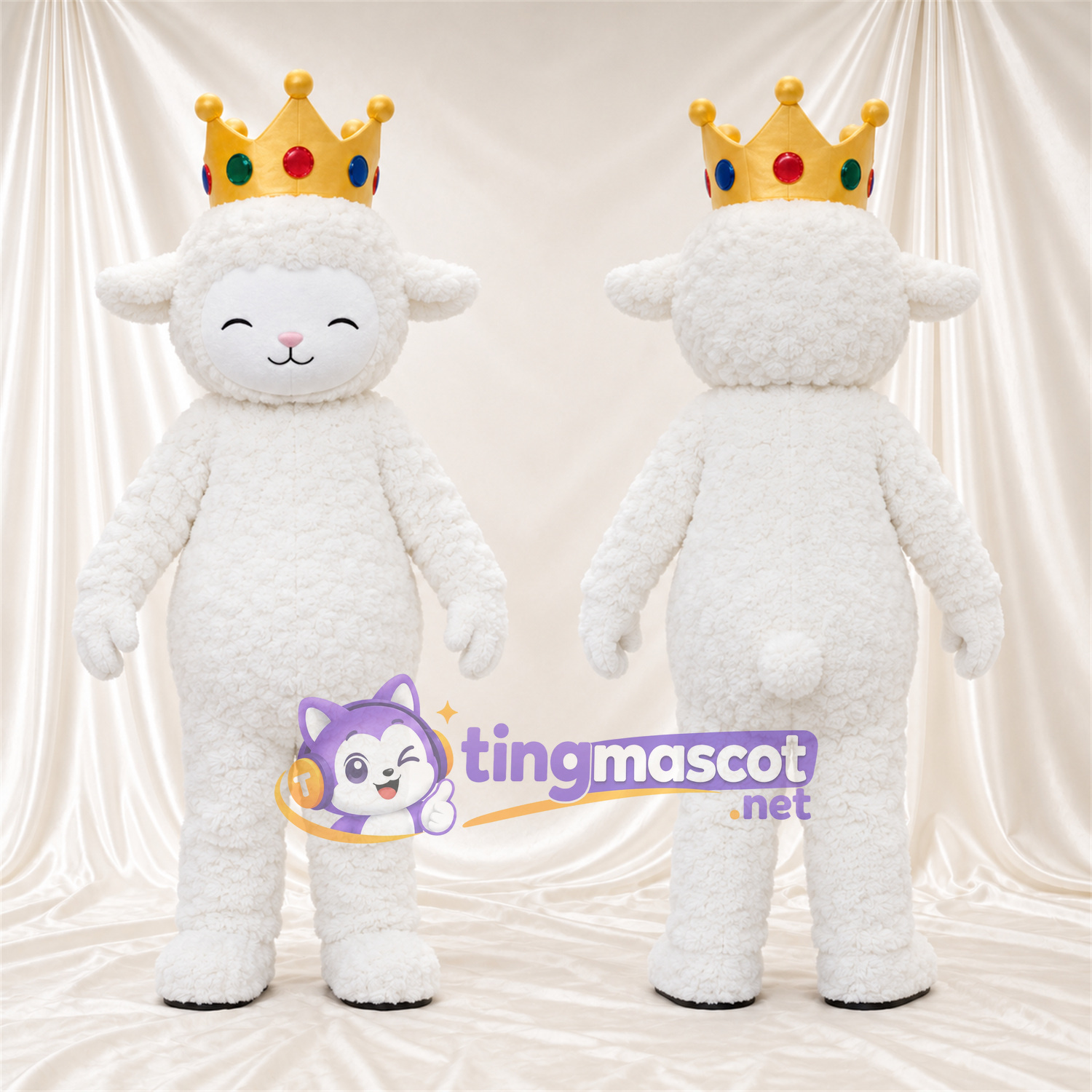 Costume de mascotte Mouton – blanc – Couronne (doré) Costume de mascotte Mouton – blanc – Couronne (doré)