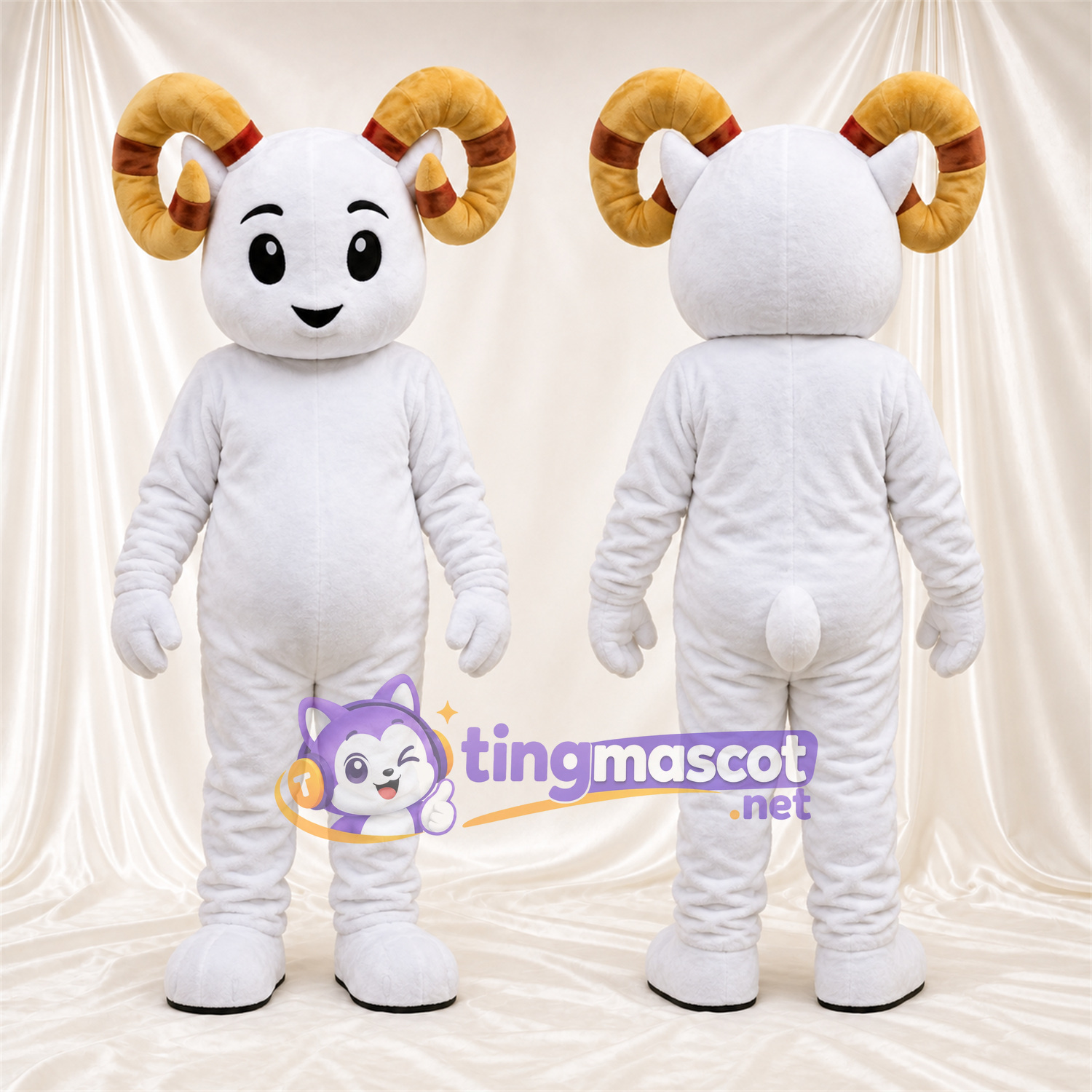 Costume de mascotte Bélier – blanc – Cornes (jaune); Gants (blanc) Costume de mascotte Bélier – blanc – Cornes (jaune); Gants (blanc)