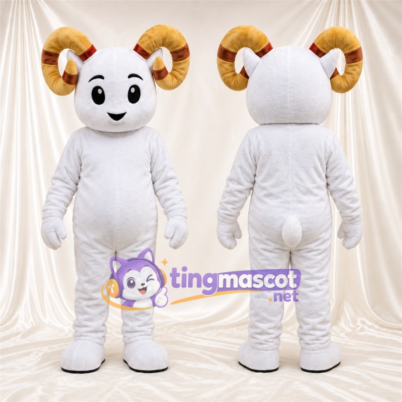 Costume de mascotte Bélier – blanc – Cornes (jaune); Gants (blanc)