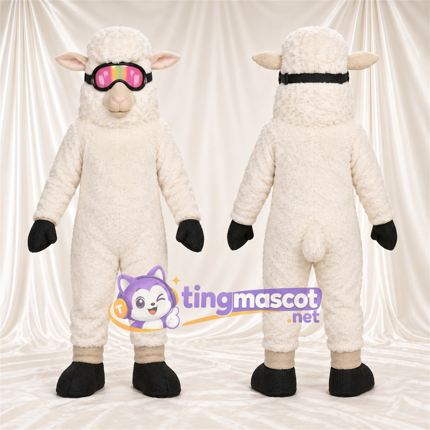 Costume de mascotte Mouton – crème – Lunettes de protection (rose) Costume de mascotte Mouton – crème – Lunettes de protection (rose)