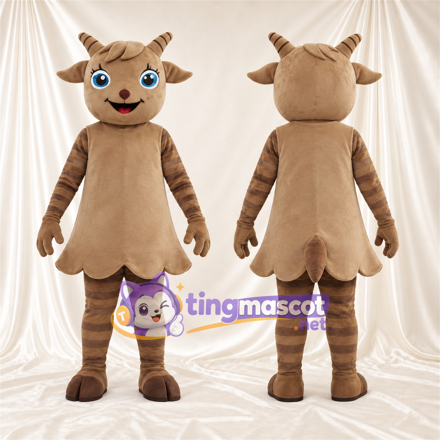 Brown Goat Mascot Costume - Short Antlers and Blue Eyes Brown Goat Mascot Costume - Short Antlers and Blue Eyes