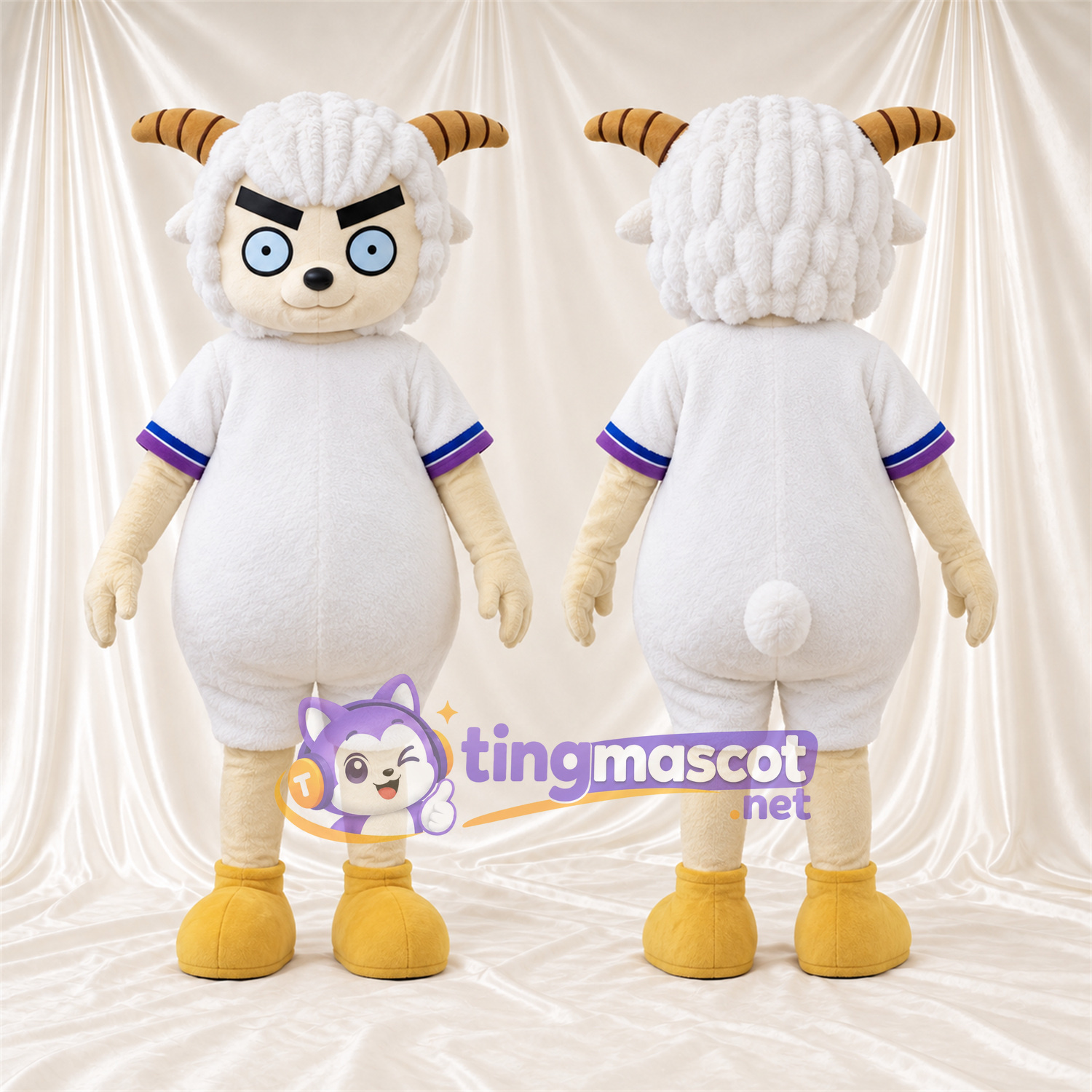 Costume de mascotte Mouton – blanc – Chemise (blanc); Lunettes (bleu) Costume de mascotte Mouton – blanc – Chemise (blanc); Lunettes (bleu)