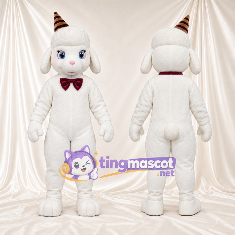 Costume de mascotte Mouton – blanc – Cornes; Nœud papillon (rouge)