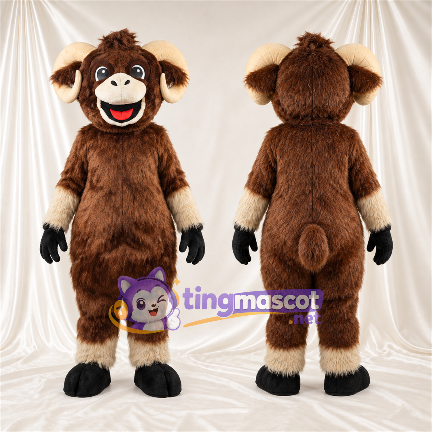 Brown Sheep Mascot Costume - Curled Cream Horns and Toothy Grin Brown Sheep Mascot Costume - Curled Cream Horns and Toothy Grin