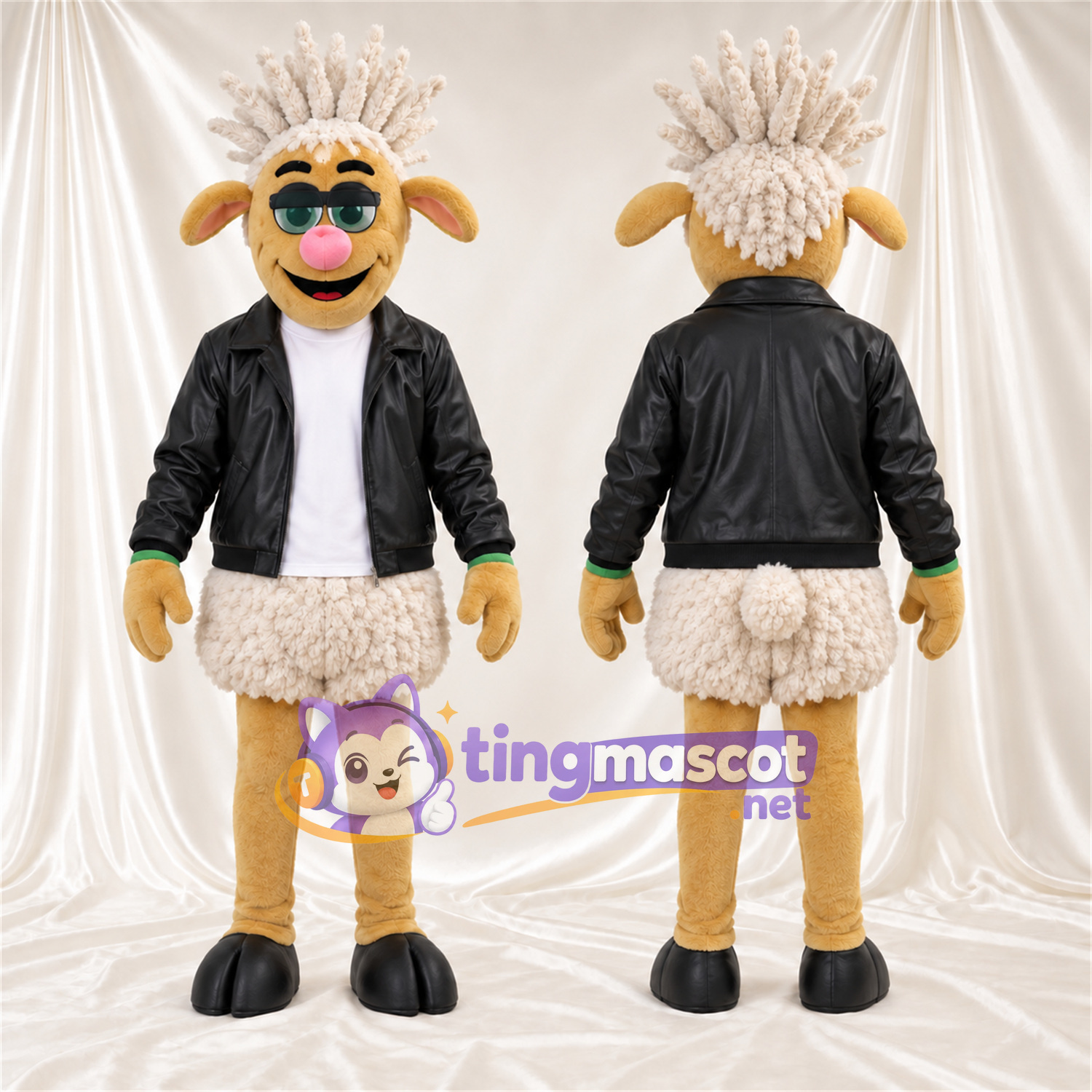 Brown Sheep Mascot Costume - Black Jacket and Spiked Hair Brown Sheep Mascot Costume - Black Jacket and Spiked Hair