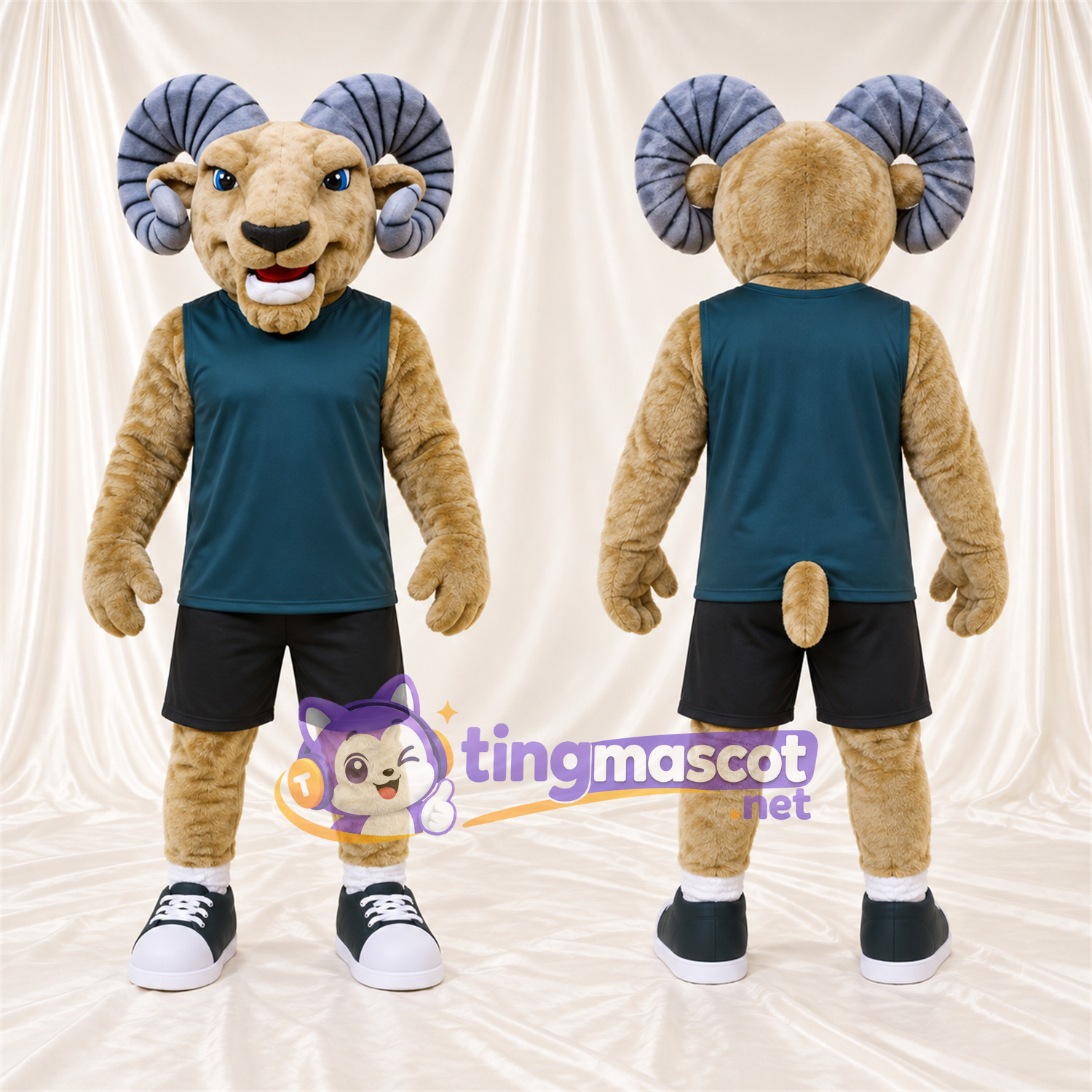 Costume de mascotte Bélier – brun clair – Chemise (bleu canard); Short (noir) Costume de mascotte Bélier – brun clair – Chemise (bleu canard); Short (noir)