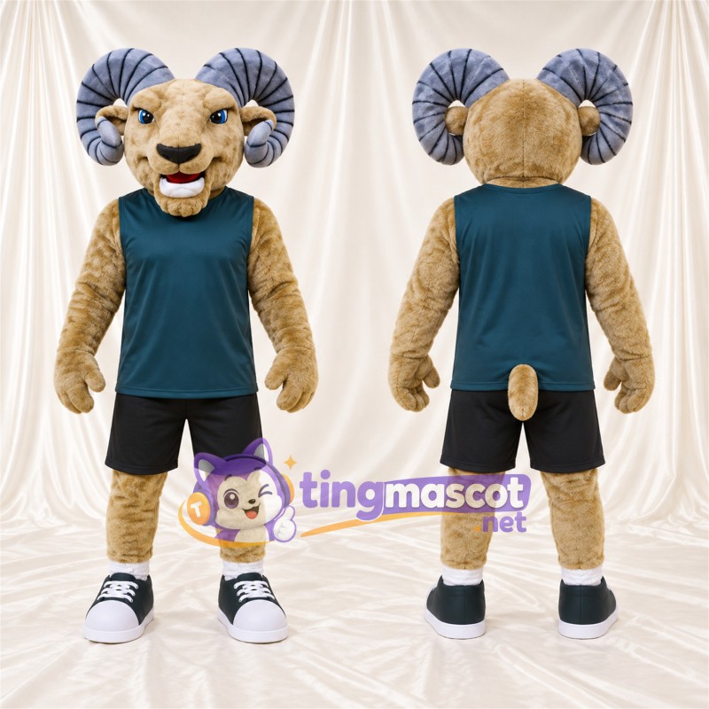 Costume de mascotte Bélier – brun clair – Chemise (bleu canard); Short (noir)