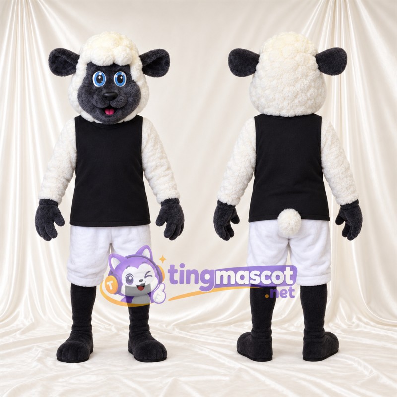 Black and White Sheep Mascot Costume - Black Shirt and White Shorts