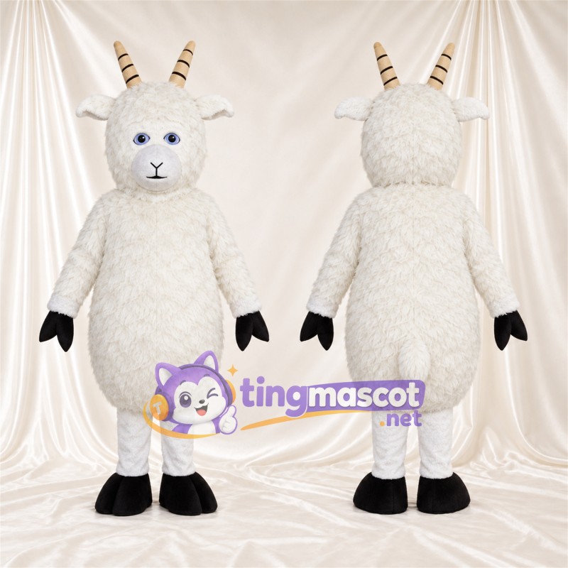 Costume de mascotte Mouton – blanc – Cornes (brun clair); Gants (noir)