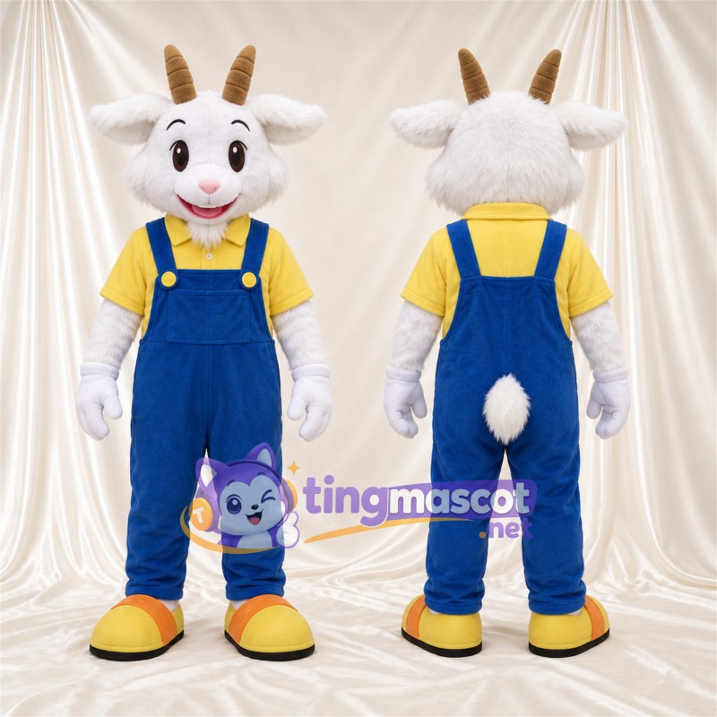Costume de mascotte Chèvre – blanc – Salopette (bleu)