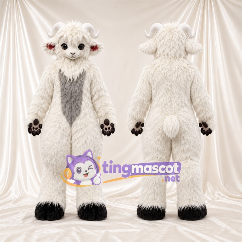 Costume de mascotte Monstre – blanc – Torse (gris); Cornes courbées