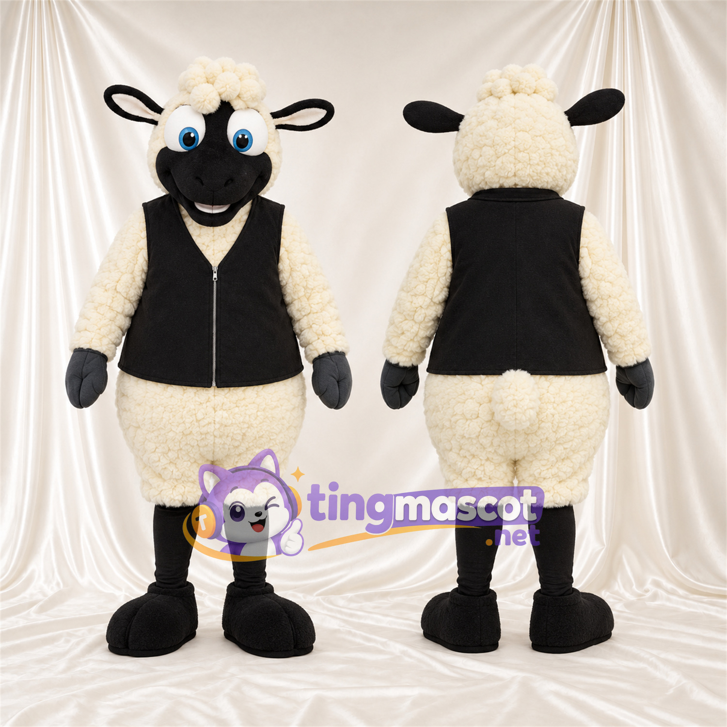 Black and White Sheep Mascot Costume - Black Vest Black and White Sheep Mascot Costume - Black Vest