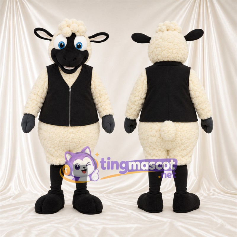 Black and White Sheep Mascot Costume - Black Vest