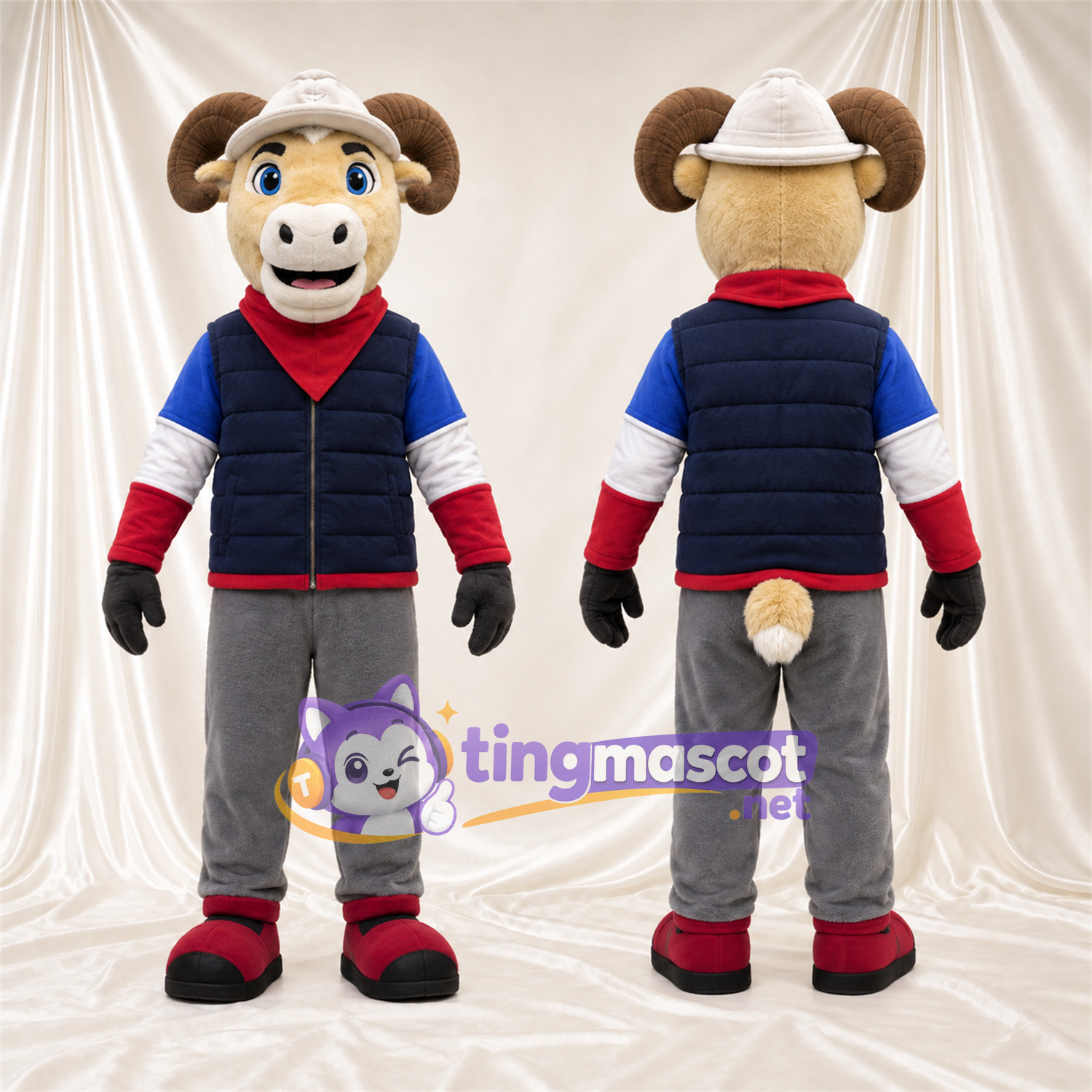 Costume de mascotte Bélier – brun clair – Gilet (bleu marine); Pantalon (gris) Costume de mascotte Bélier – brun clair – Gilet (bleu marine); Pantalon (gris)