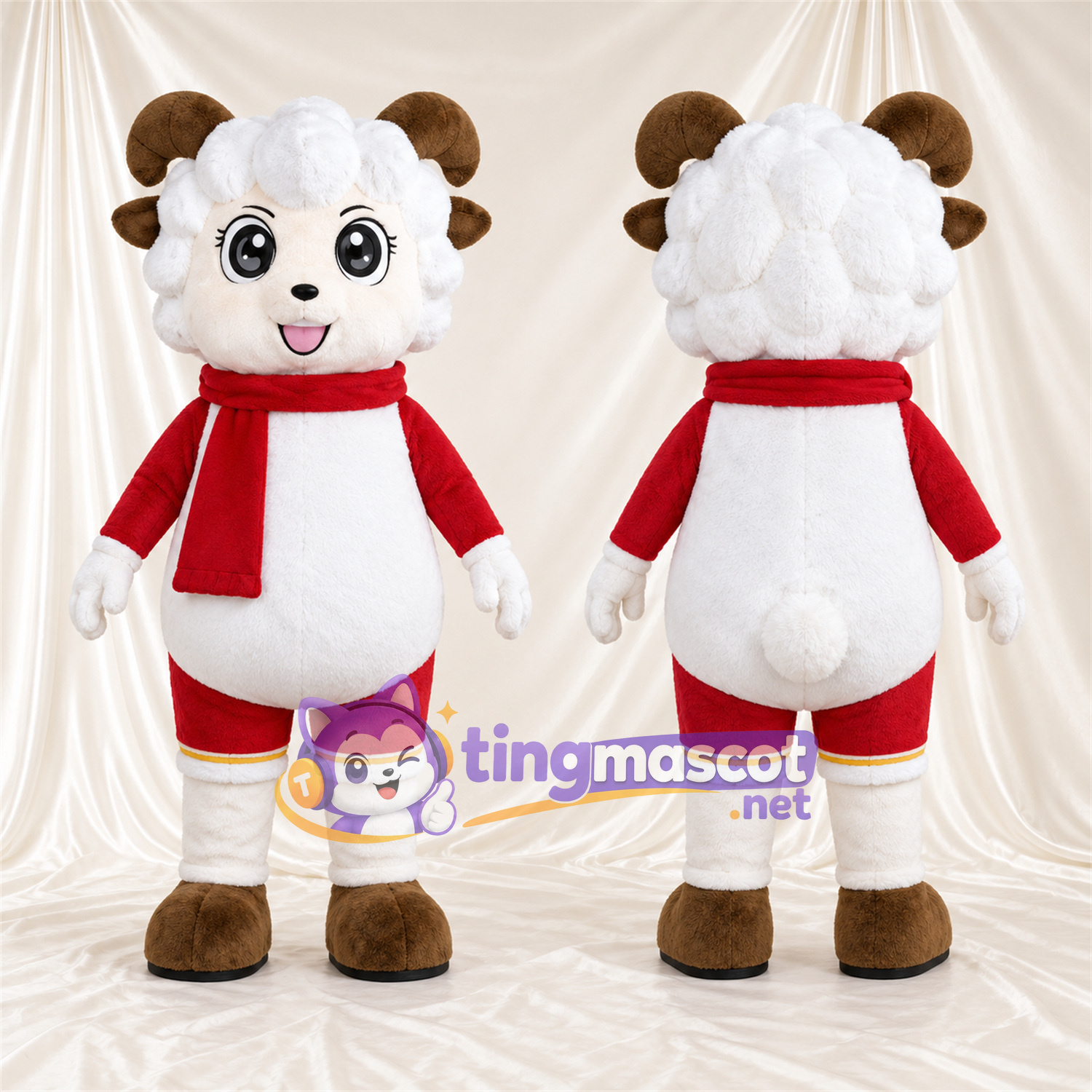 Costume de mascotte Bélier – blanc – Écharpe (rouge); Chemise Costume de mascotte Bélier – blanc – Écharpe (rouge); Chemise