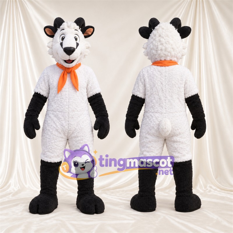 Black and White Sheep Mascot Costume - Orange Scarf