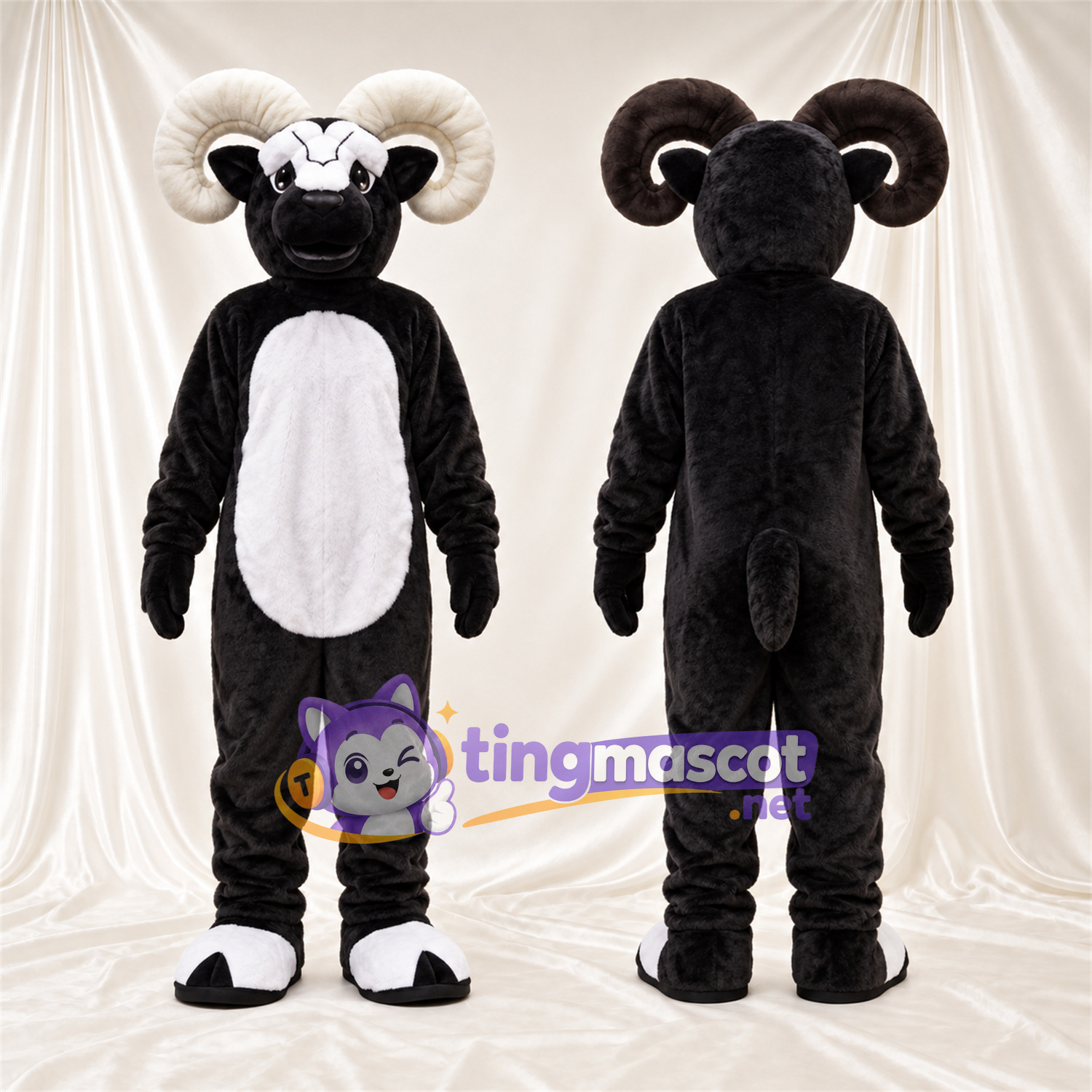 Black and White Ram Mascot Costume - White Belly and Curled White Horns Black and White Ram Mascot Costume - White Belly and Curled White Horns