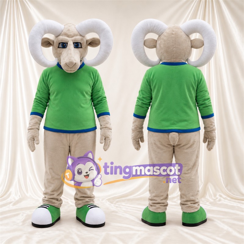 Costume de mascotte Bélier – brun clair – Pull (vert); Pantalon (beige)