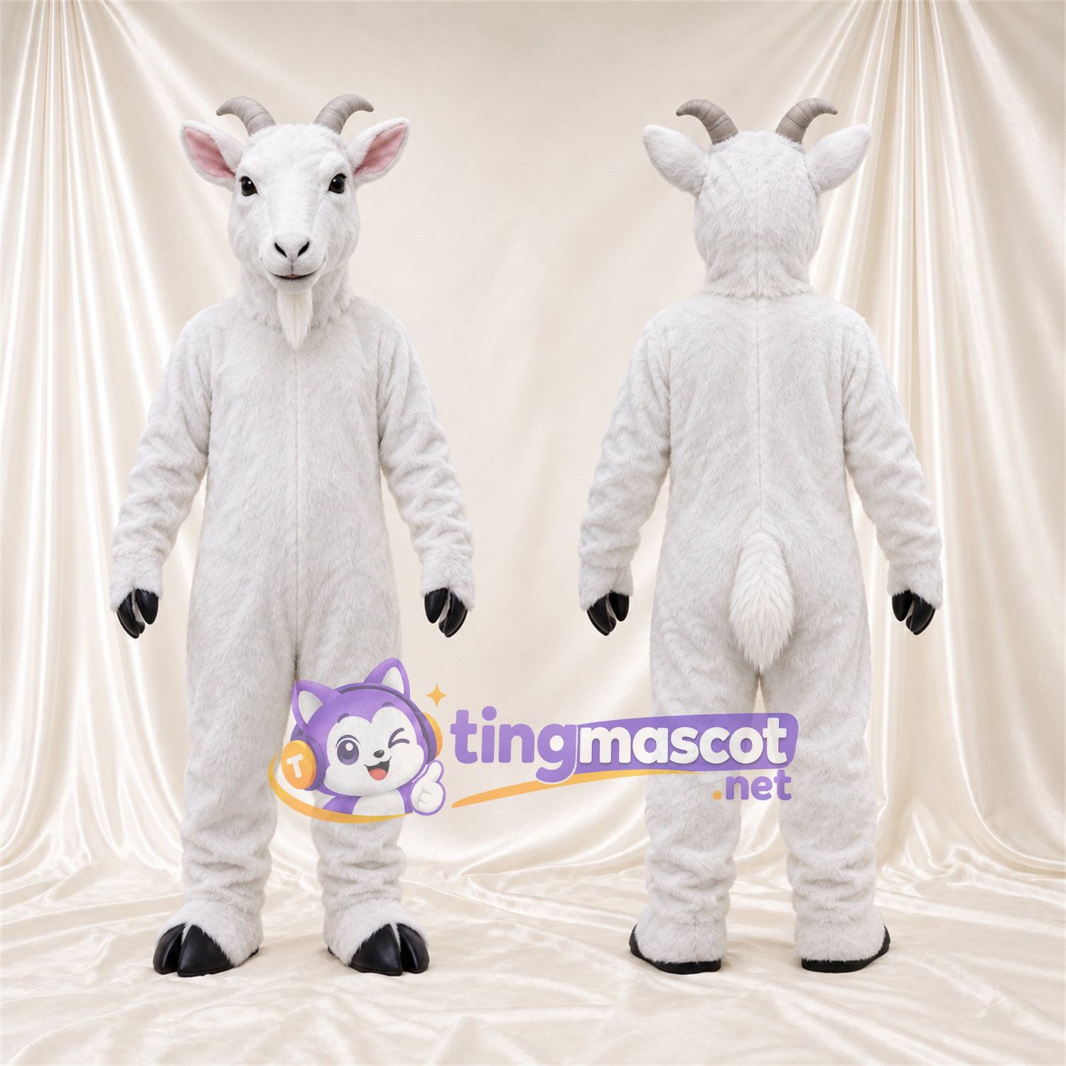 Costume de mascotte Chèvre – blanc – Intérieur des oreilles (rose); Barbe (blanc) Costume de mascotte Chèvre – blanc – Intérieur des oreilles (rose); Barbe (blanc)