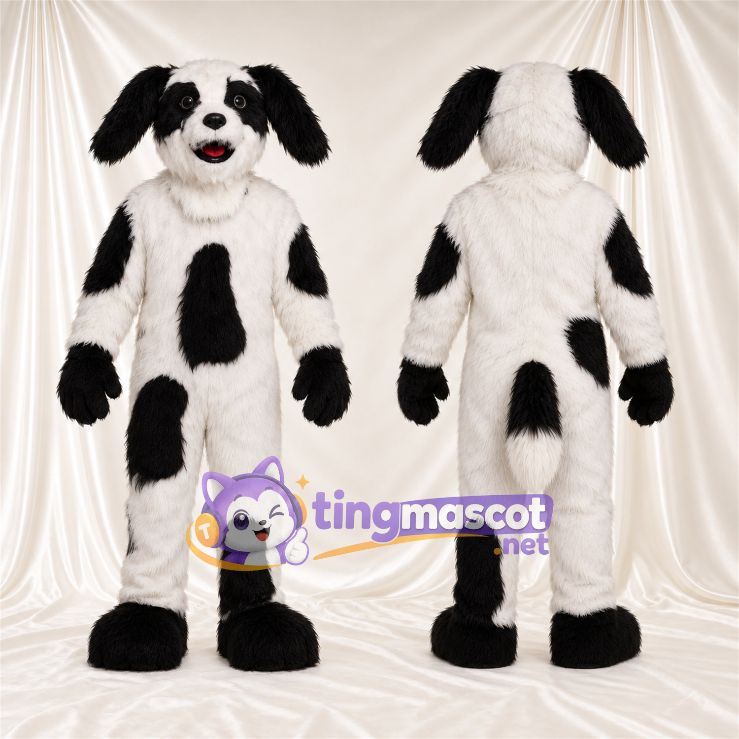Black and White Dog Mascot Costume - Black Gloves and Large Black Patches Black and White Dog Mascot Costume - Black Gloves and Large Black Patches