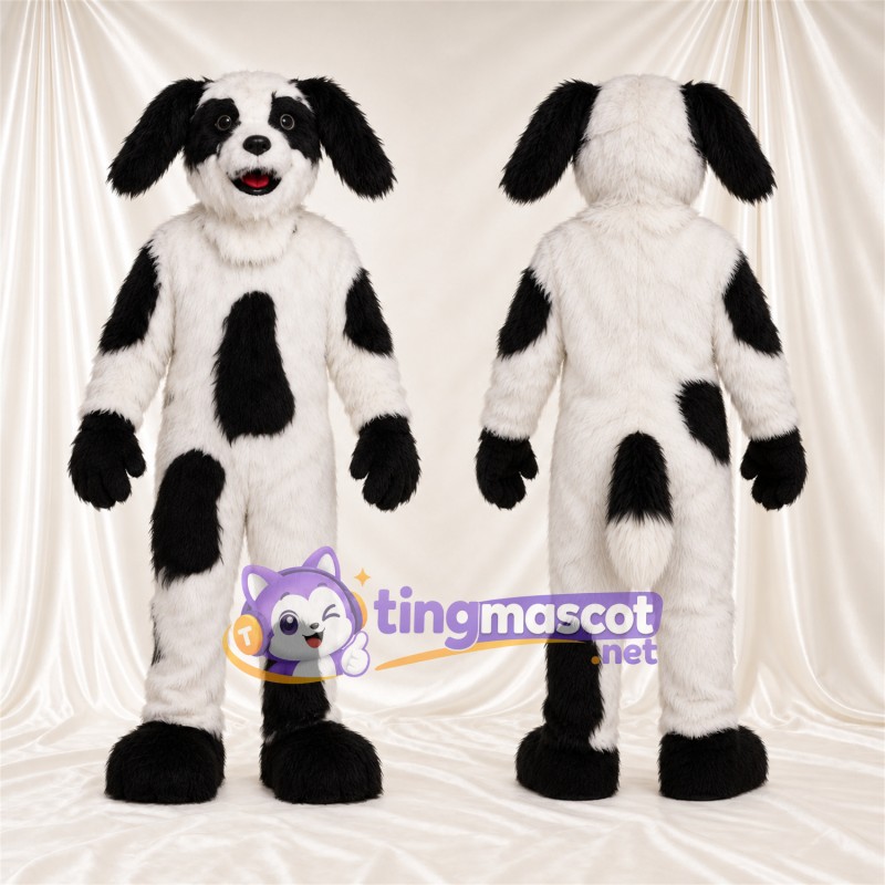Black and White Dog Mascot Costume - Black Gloves and Large Black Patches