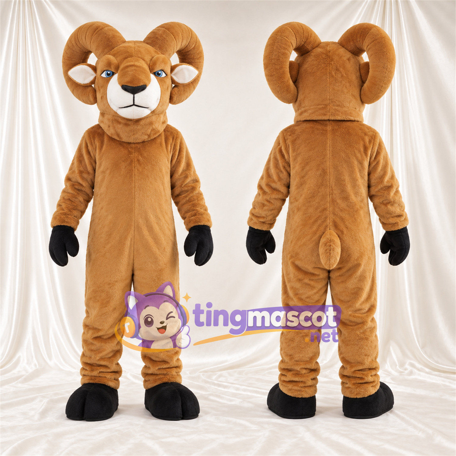 Costume de mascotte Bélier – brun clair – Sabots (noir); Cornes (marron) Costume de mascotte Bélier – brun clair – Sabots (noir); Cornes (marron)