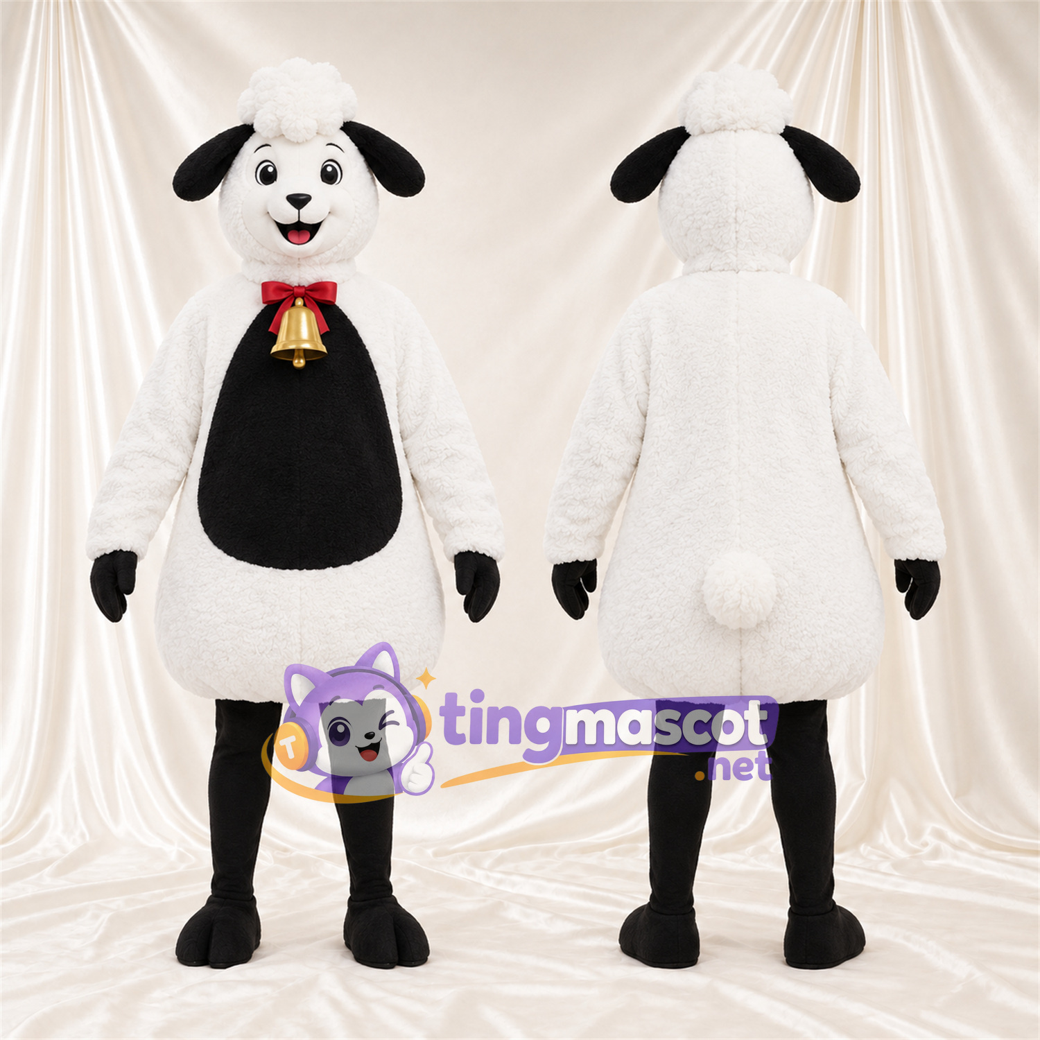 Black and White Sheep Mascot Costume - Red Bow and Bell Black and White Sheep Mascot Costume - Red Bow and Bell