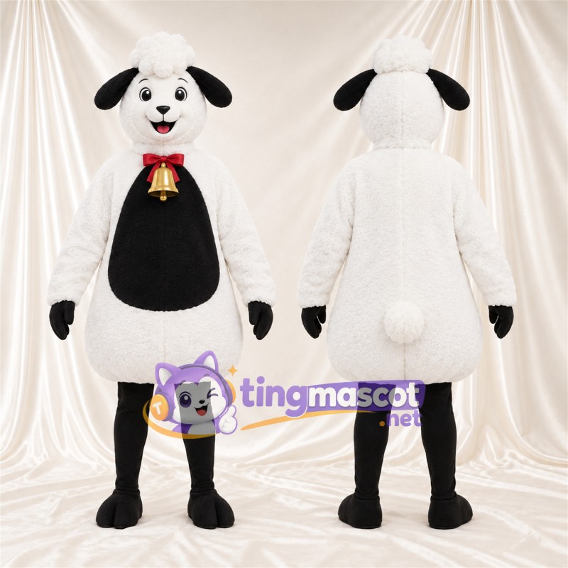 Black and White Sheep Mascot Costume - Red Bow and Bell