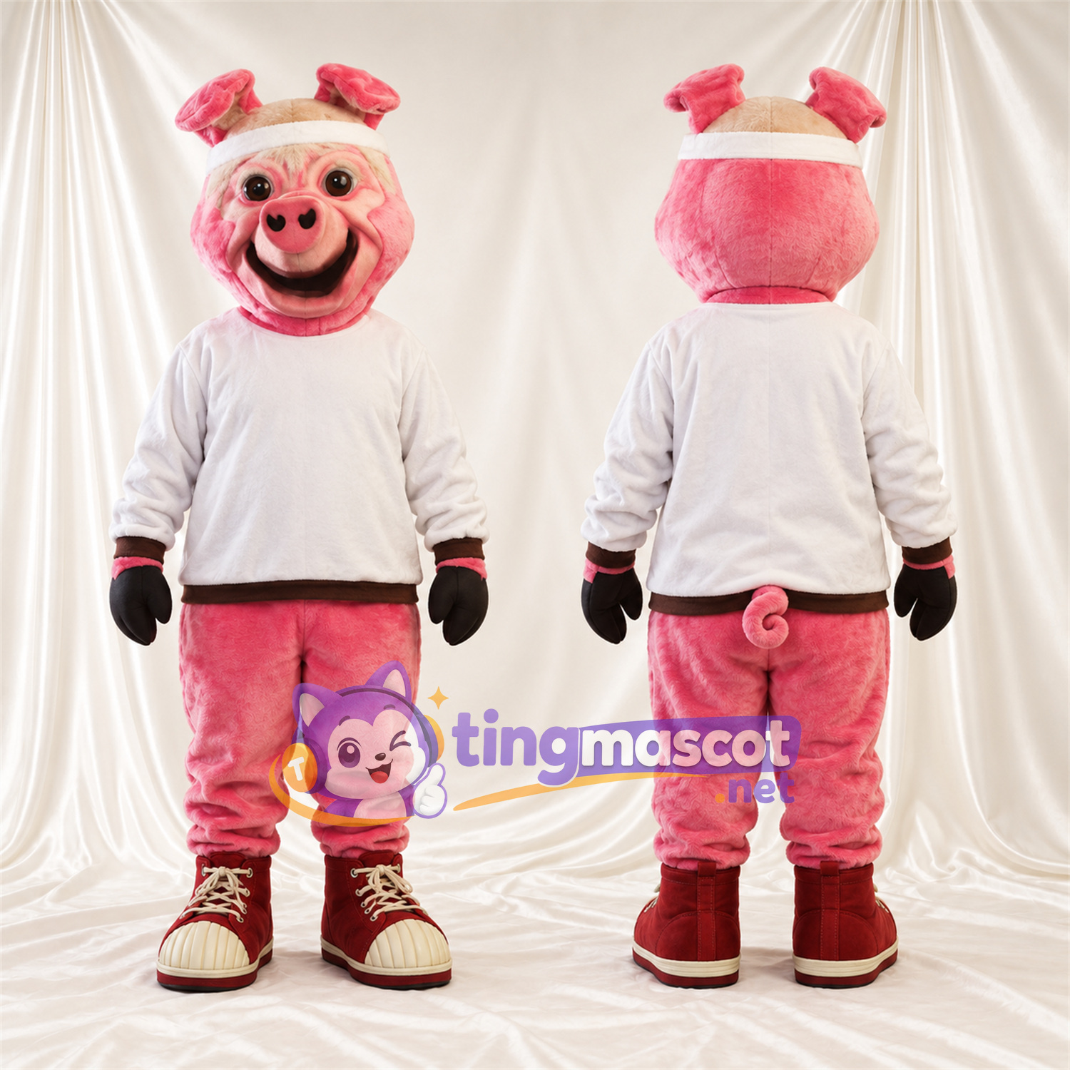 Costume de mascotte Cochon – rose – Chemise (blanc); Bandeau Costume de mascotte Cochon – rose – Chemise (blanc); Bandeau