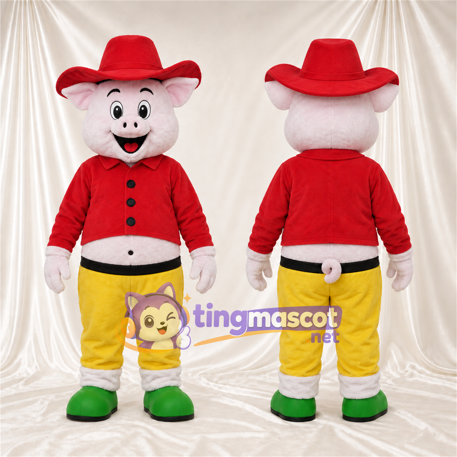 Costume de mascotte Cochon – blanc – Chapeau de cowboy (rouge); Pantalon (jaune)