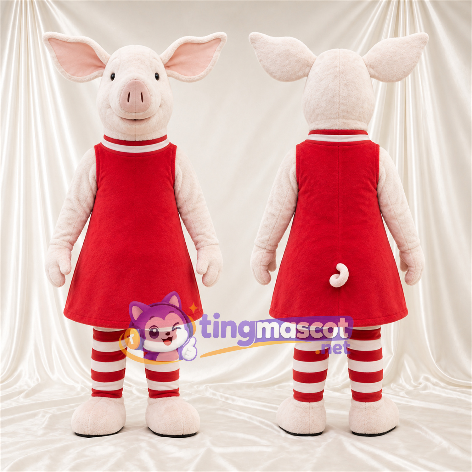 Maskottchenkostüm Schwein – hellrosa – Kleid (rot); Gestreifte Beine Maskottchenkostüm Schwein – hellrosa – Kleid (rot); Gestreifte Beine