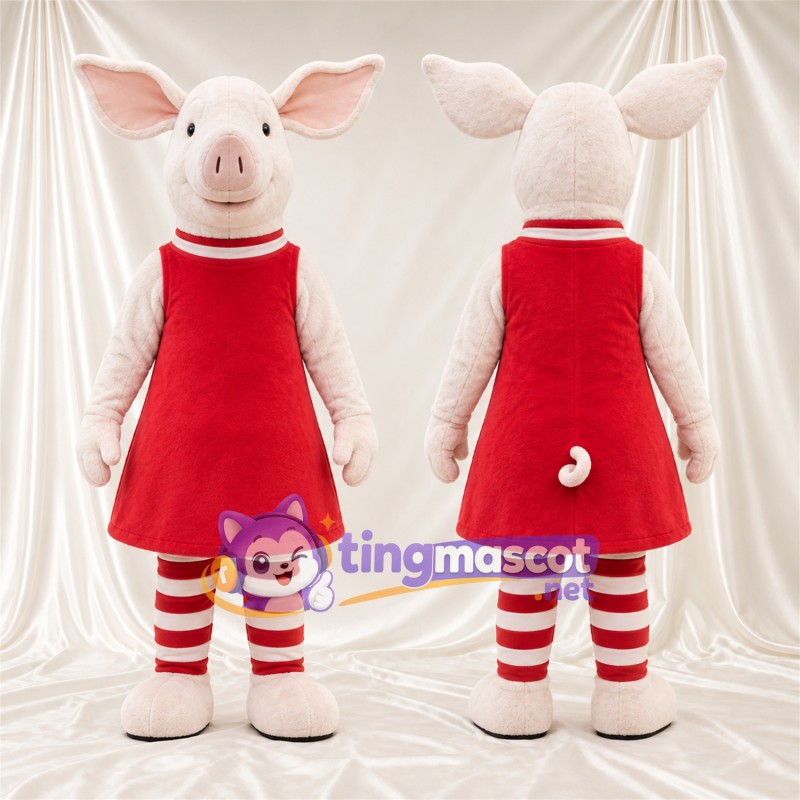 Maskottchenkostüm Schwein – hellrosa – Kleid (rot); Gestreifte Beine