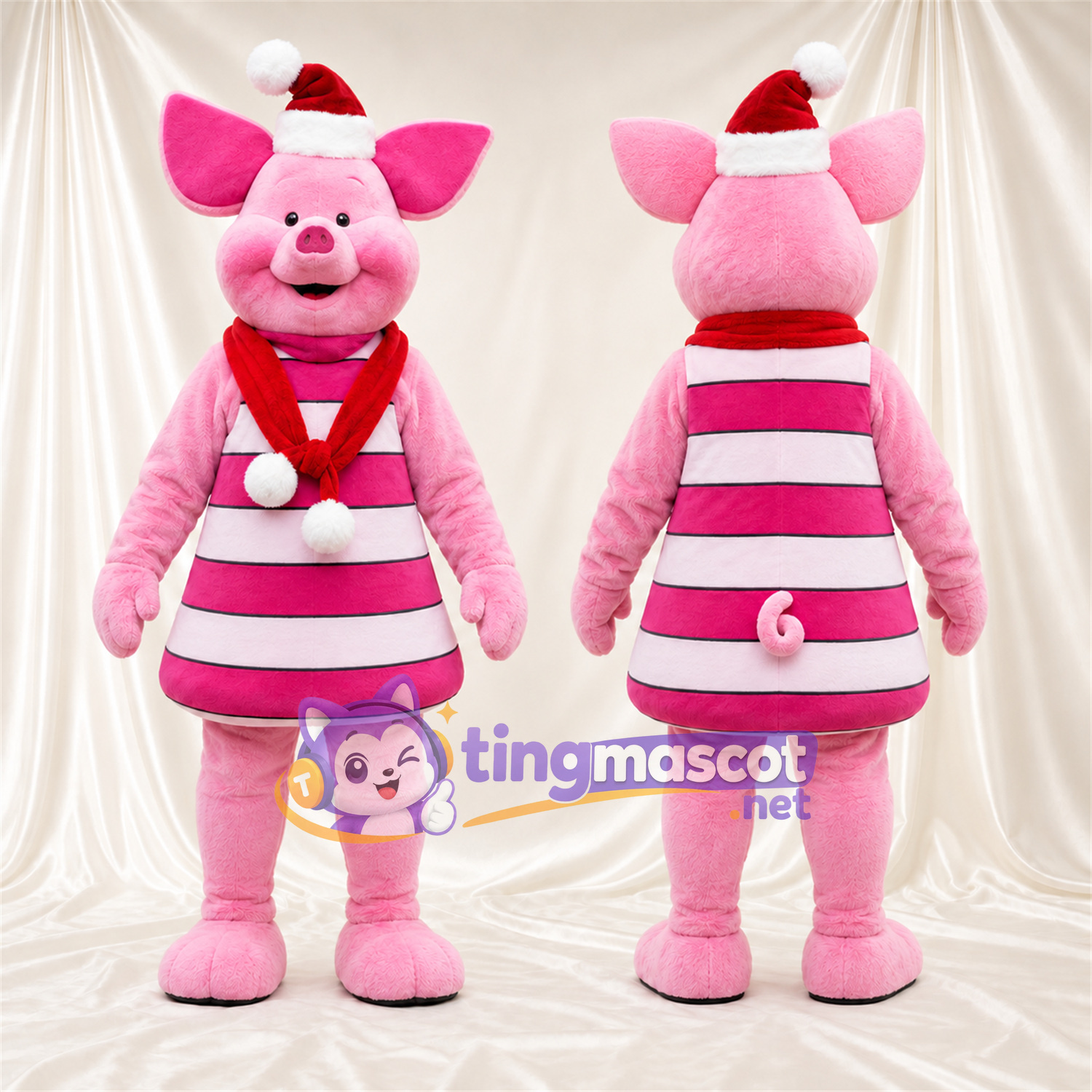 Costume de mascotte Cochon – rose – Bonnet de Noël; Robe Costume de mascotte Cochon – rose – Bonnet de Noël; Robe