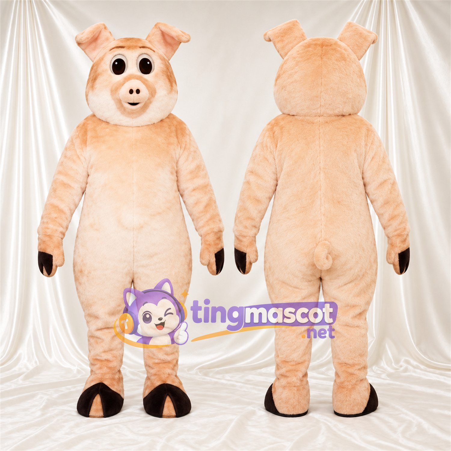 Costume de mascotte Cochon – pêche – Gants (noir); Visage souriant Costume de mascotte Cochon – pêche – Gants (noir); Visage souriant