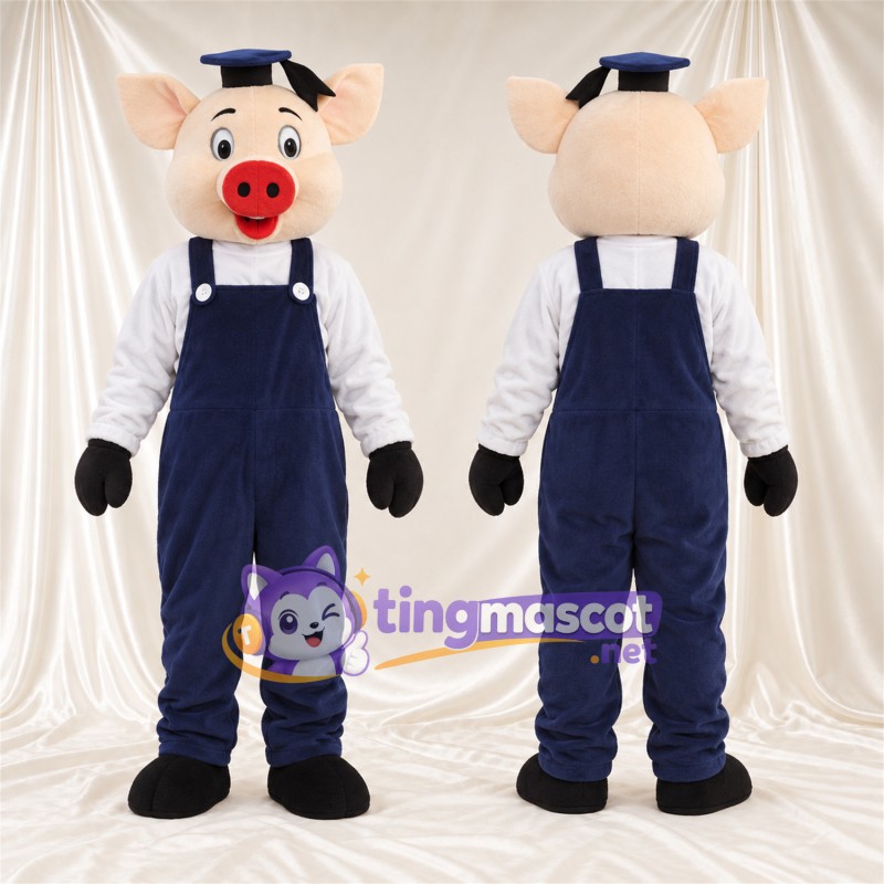 Beige Pig Mascot Costume - Navy Overalls and Cap
