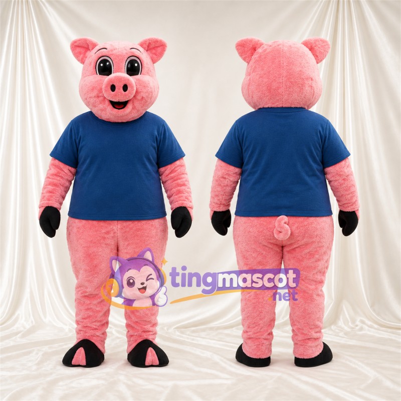 Maskottchenkostüm Schwein – korallrosa – Hemd (blau)