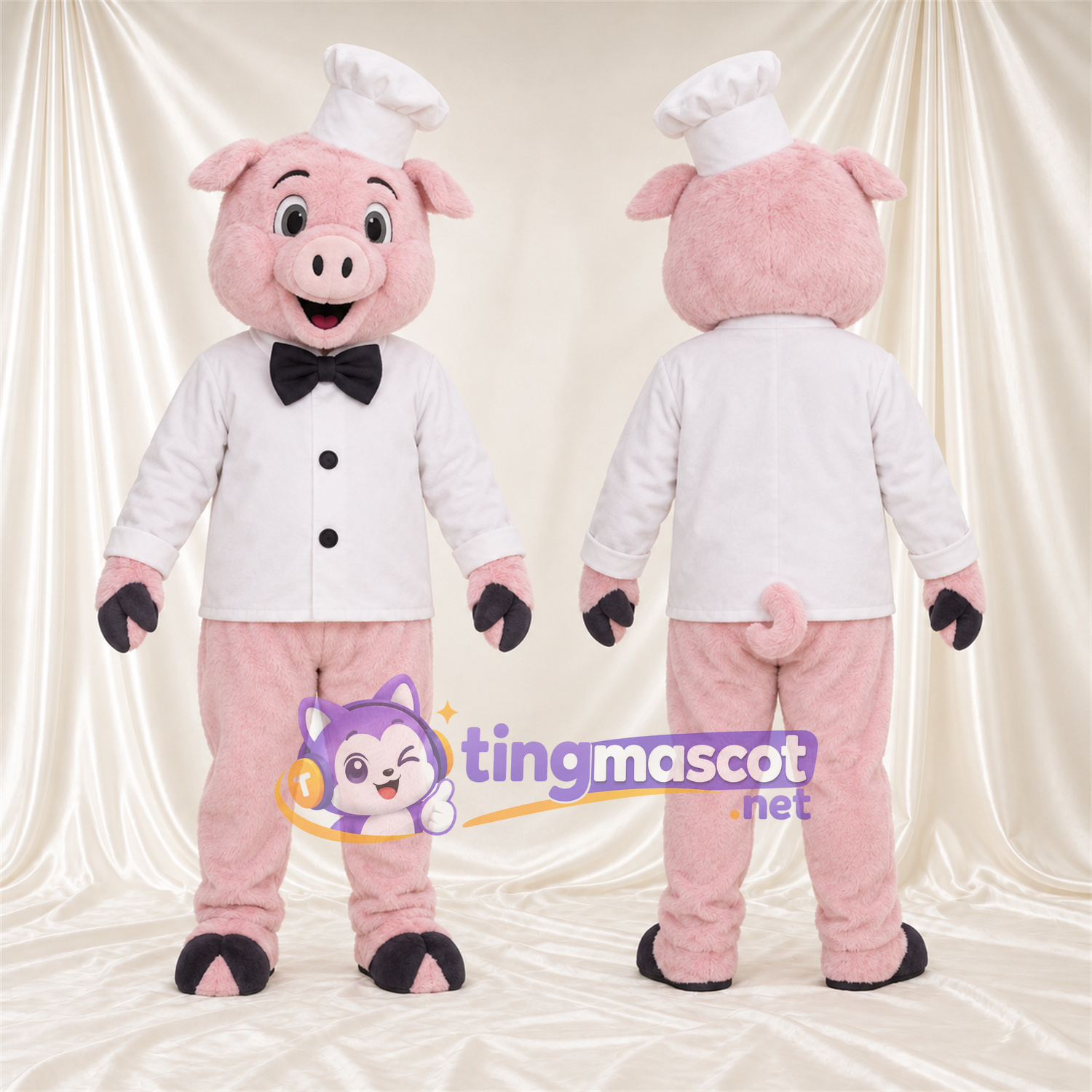 Costume de mascotte Cochon – rose – Toque de chef; Veste (blanc) Costume de mascotte Cochon – rose – Toque de chef; Veste (blanc)