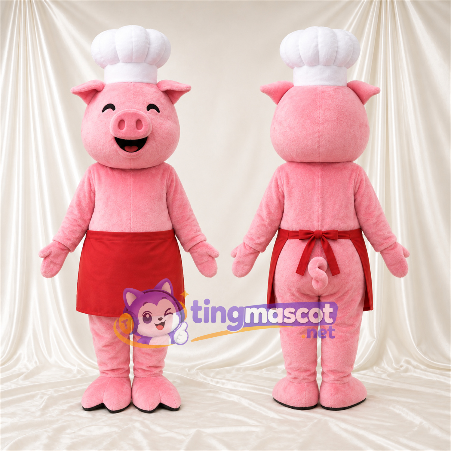 Costume de mascotte Cochon – rose – Toque de chef; Tablier (rouge) Costume de mascotte Cochon – rose – Toque de chef; Tablier (rouge)