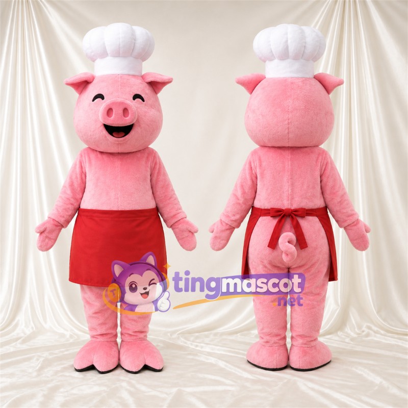Costume de mascotte Cochon – rose – Toque de chef; Tablier (rouge)