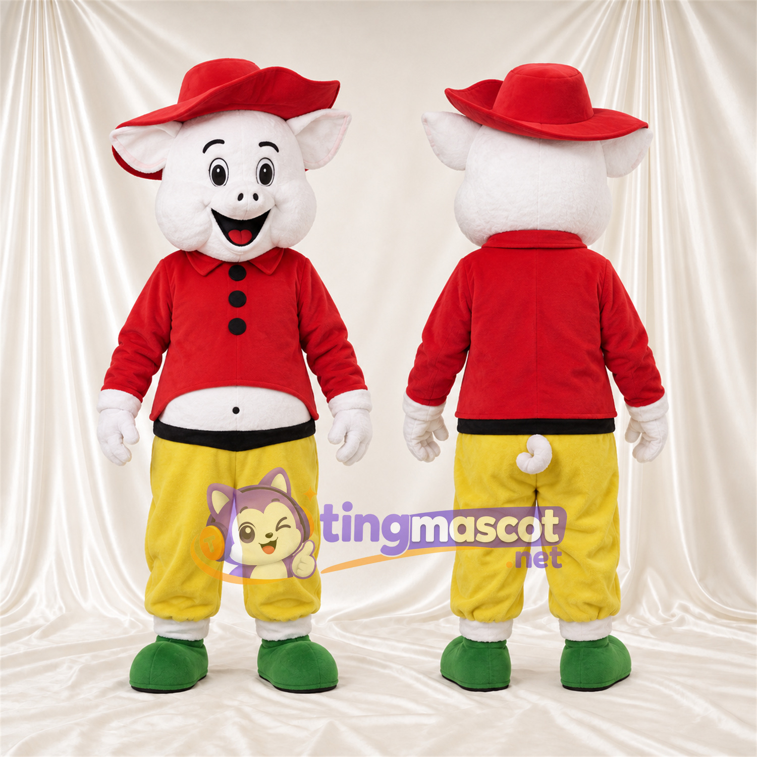 Costume de mascotte Cochon – blanc – Veste (rouge); Pantalon (jaune) Costume de mascotte Cochon – blanc – Veste (rouge); Pantalon (jaune)